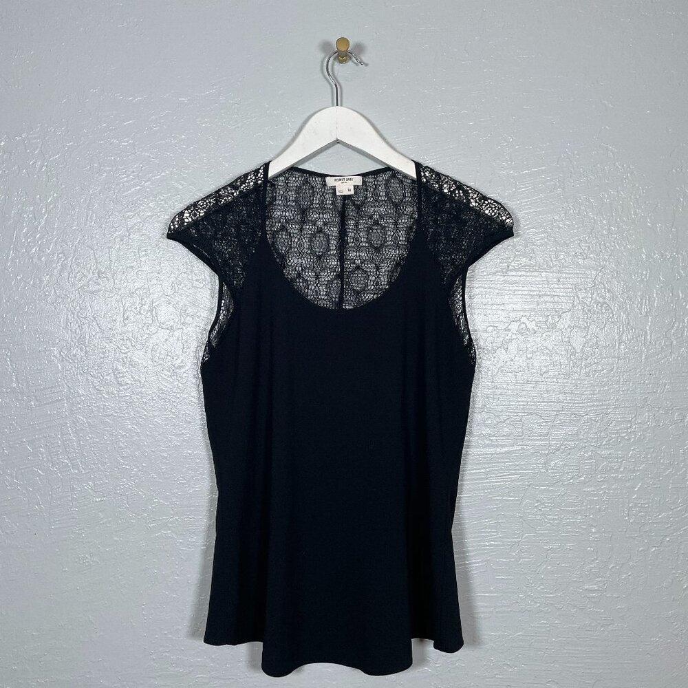 Helmut Lang Women M Black Puckered Lace Blouse Cap Sleeve Scoop Neck Casual
